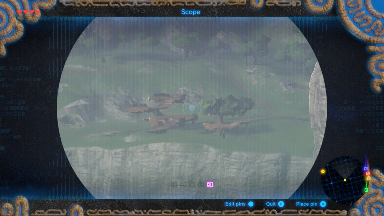 A screenshot of Breath of the Wild, showing a long distance view of a building on a mountain top. The building is very badly rendered, with an extremely low level of detail.